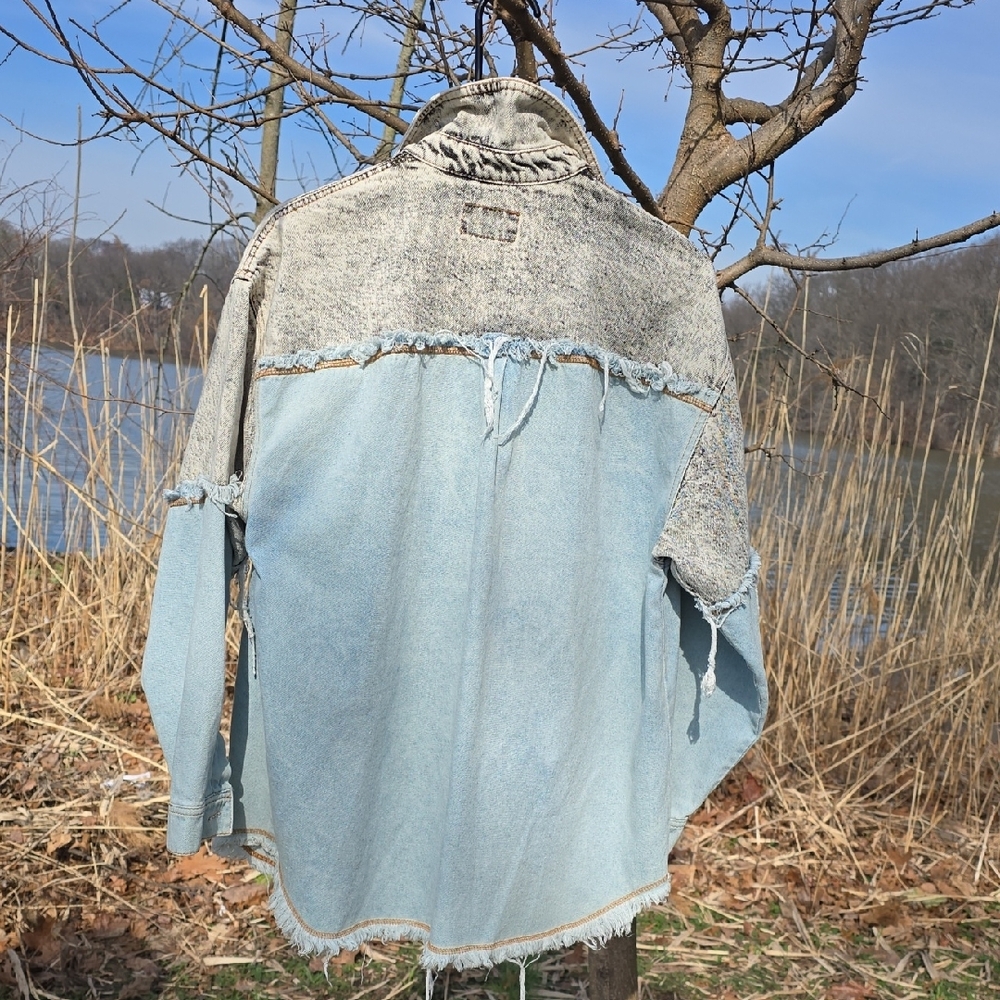 Two-Tone Distressed Denim Jacket - Light Blue/Washed Gray - Picture 4 of 4